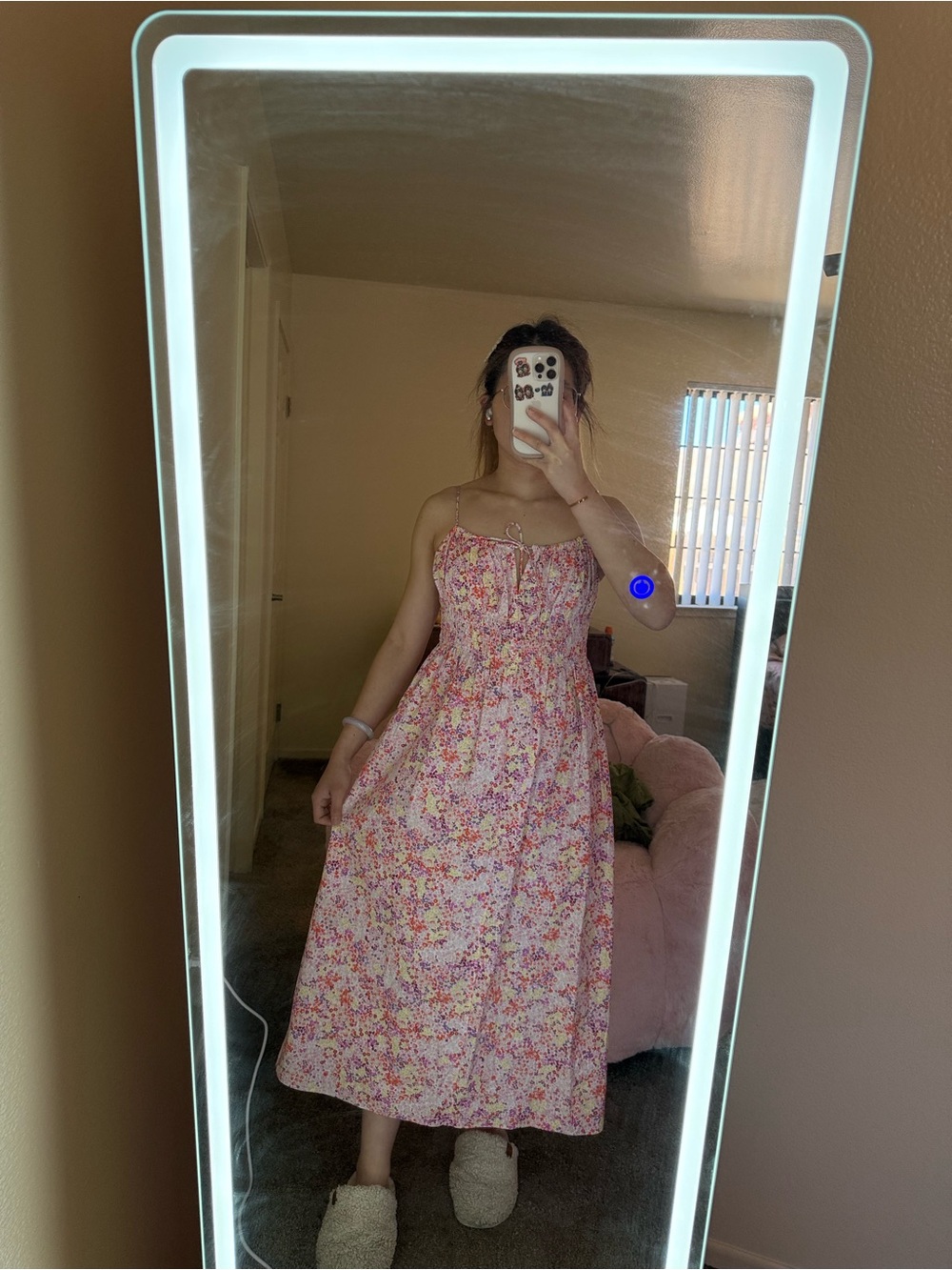 Floral Pink Midi Sundress with Spaghetti Straps